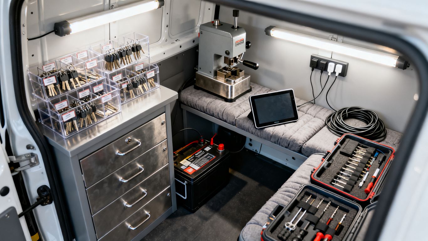 Organized mobile locksmith van interior