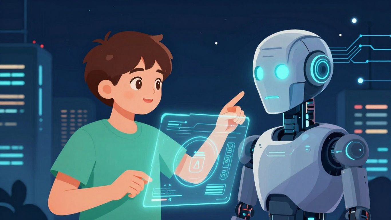 Student interacting with futuristic AI interfaces