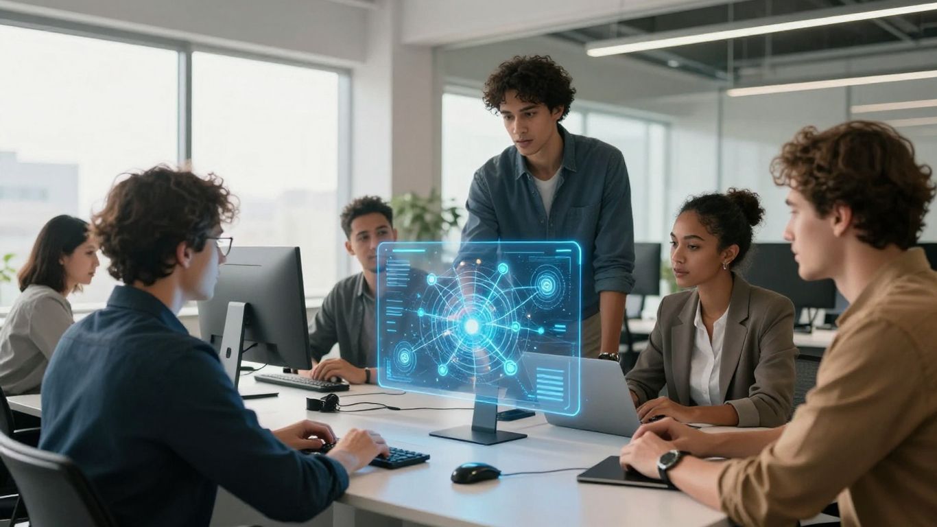 Equipo colaborando con tecnología avanzada en oficina moderna.