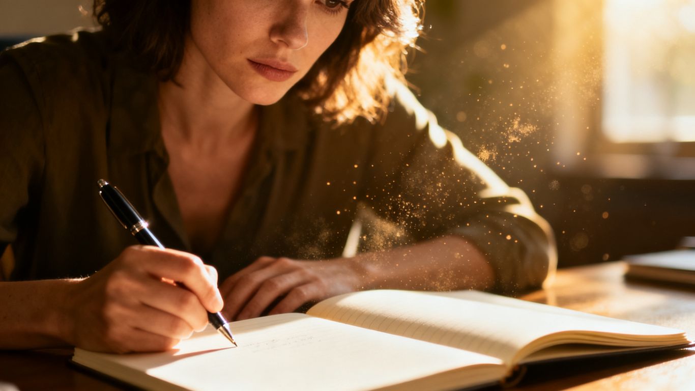 Woman poised to write in a notebook, overcoming fear.