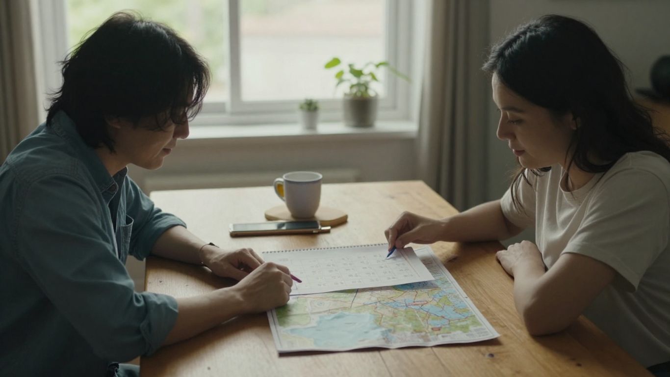 Couple choisissant ses dates autour d’une carte
