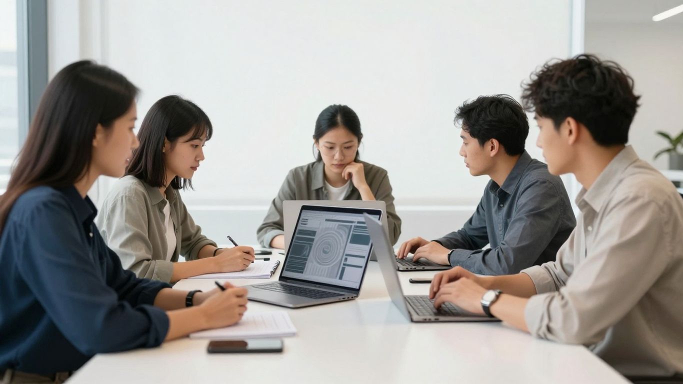 Équipe travaillant dans un bureau moderne avec un ordinateur portable.