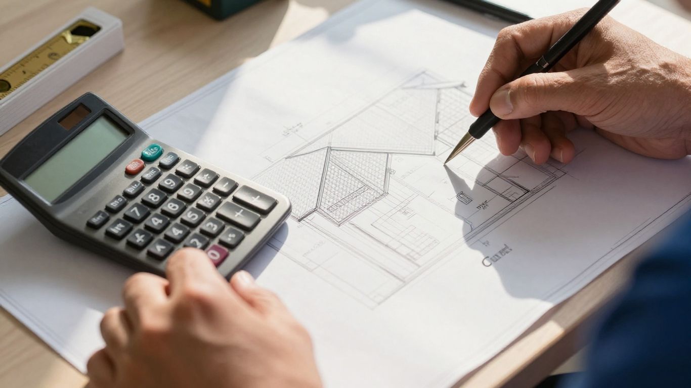 Contractor estimating roof costs with blueprint and calculator.