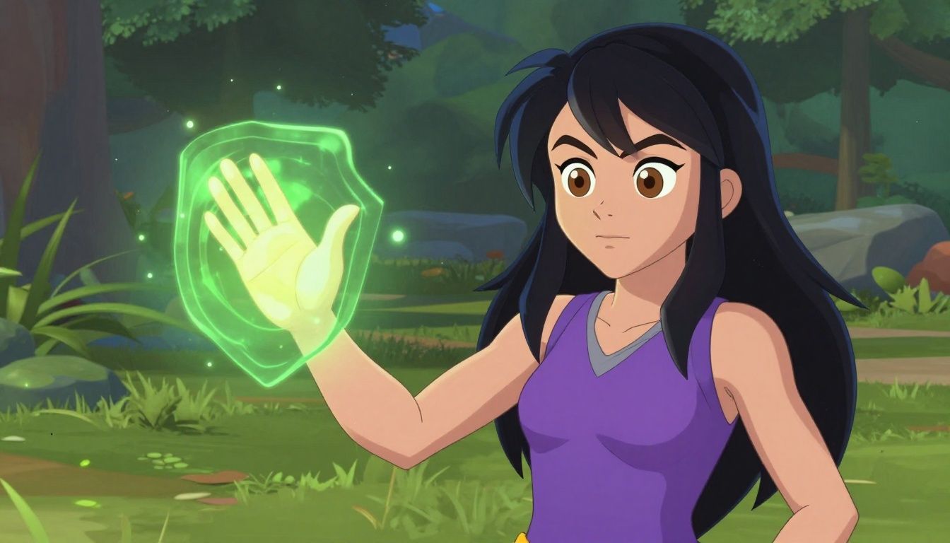 Heroína de suporte utilizando um escudo de energia para proteger aliados em Overwatch 2