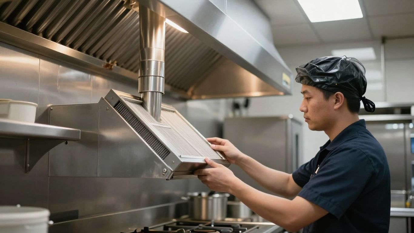 Technicien inspectant une hotte de cuisine professionnelle