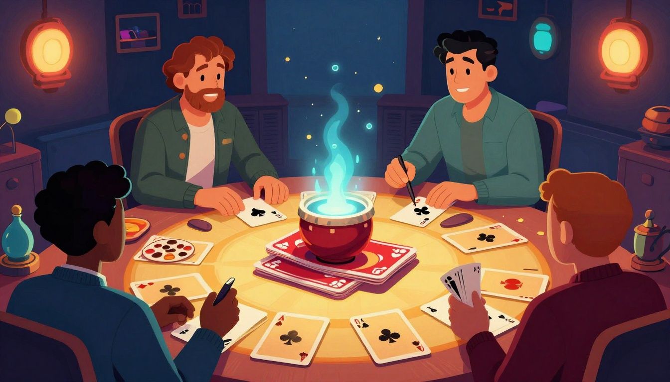 Uma ilustração vibrante de cartas de baralho estilizadas com temática de neon e caos matemático, representando a essência do jogo Balatro.