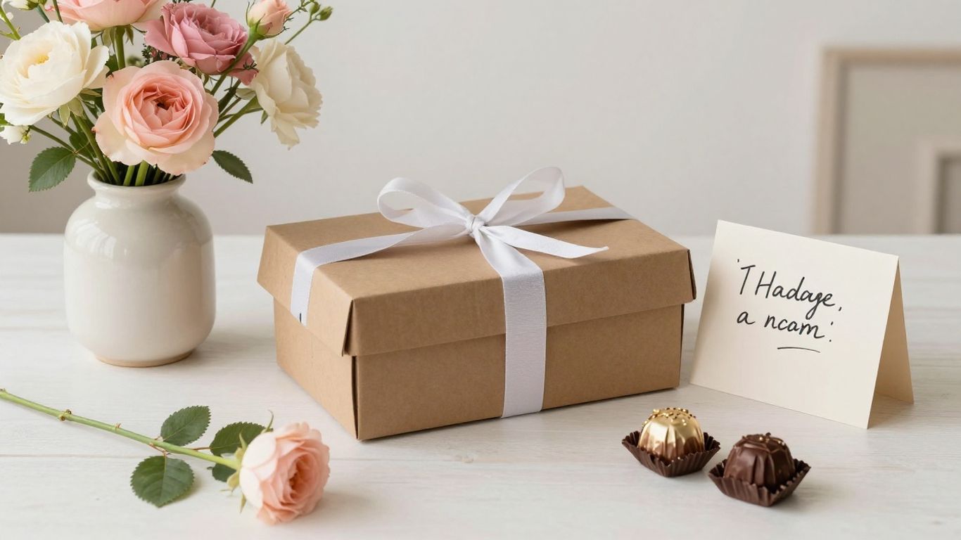 Pastel flowers arranged beside a delivery box