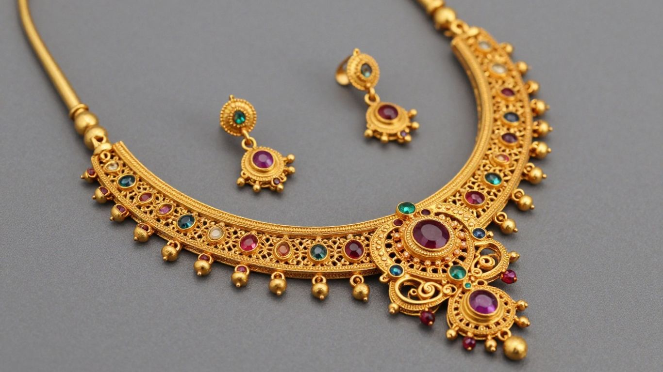 Intricate gold temple jewellery with gemstones.