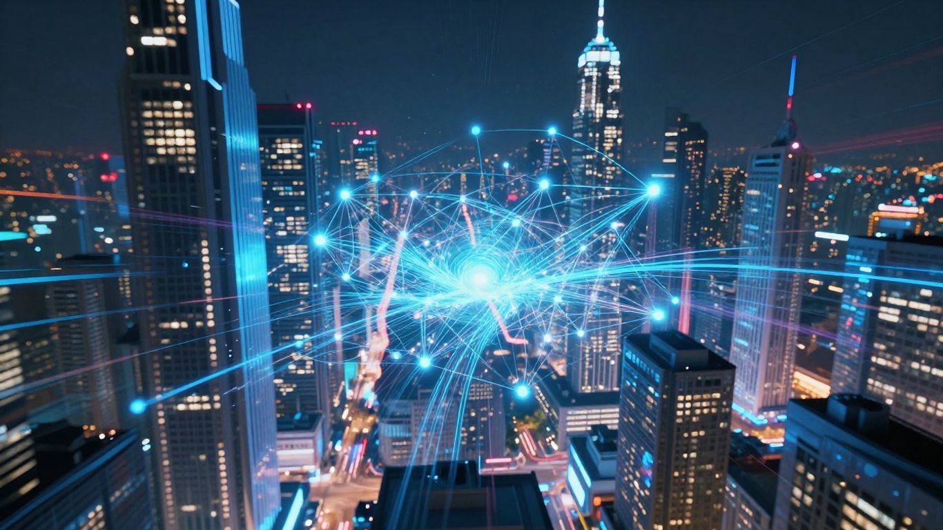 Futuristic cityscape with glowing interconnected digital nodes.