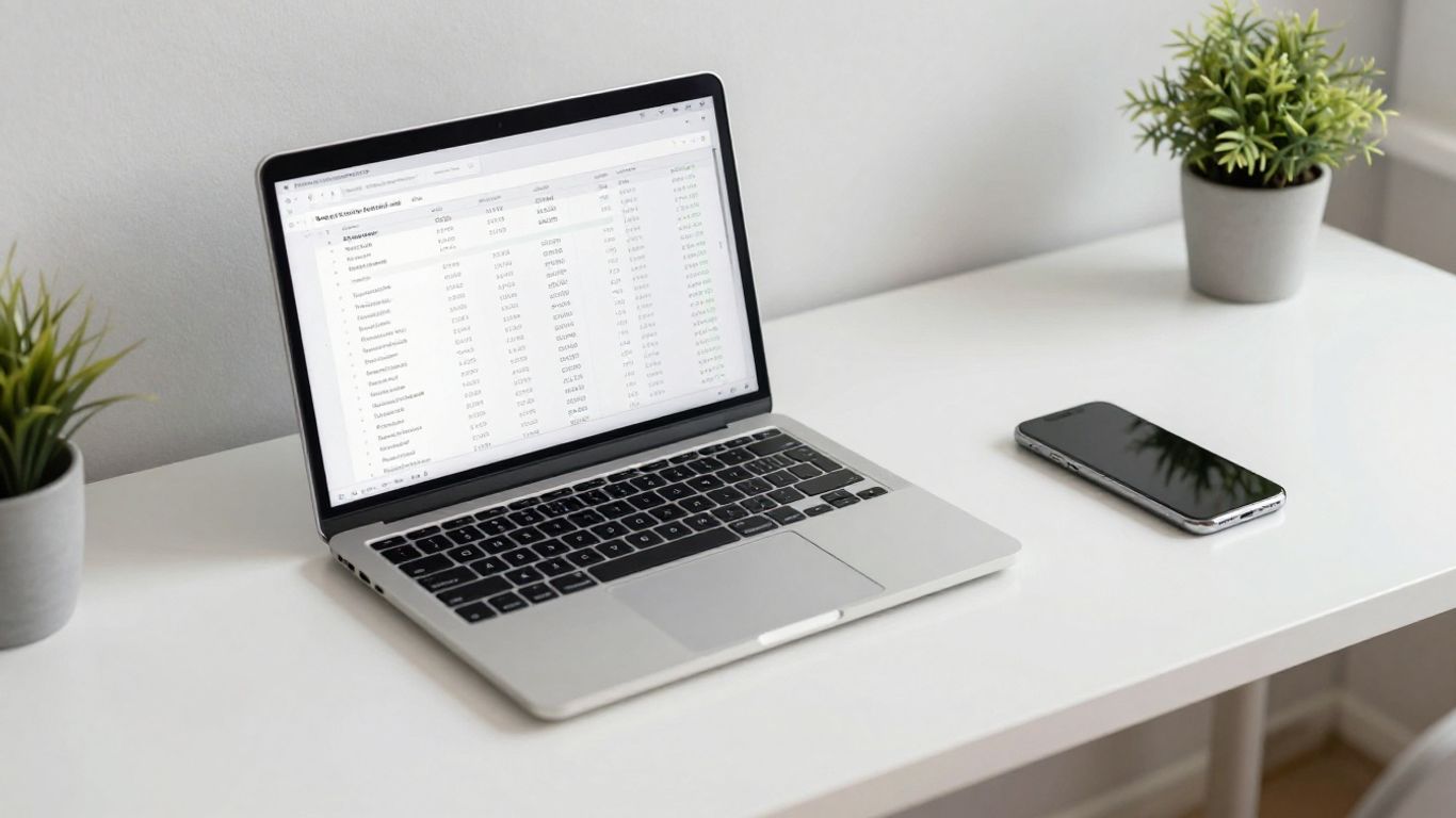 Financial data on a laptop screen with a smartphone.