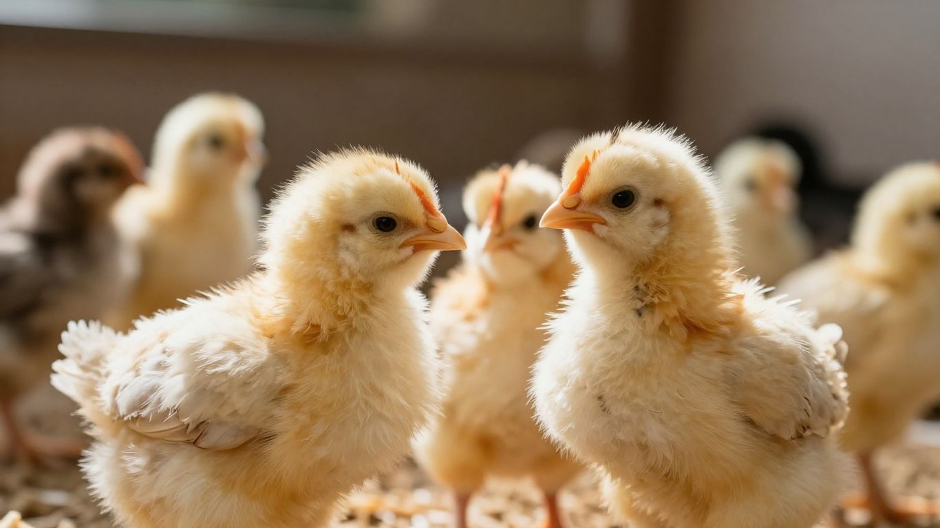 Zdrowe, młode kurczaki w kurniku.