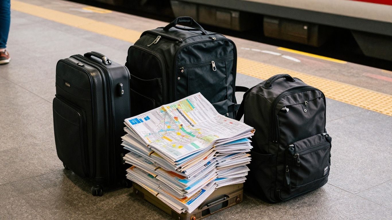 Travel bags beside a train station platform