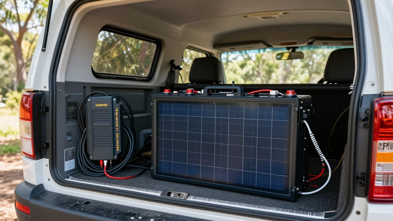 Compact lithium battery beside camping equipment
