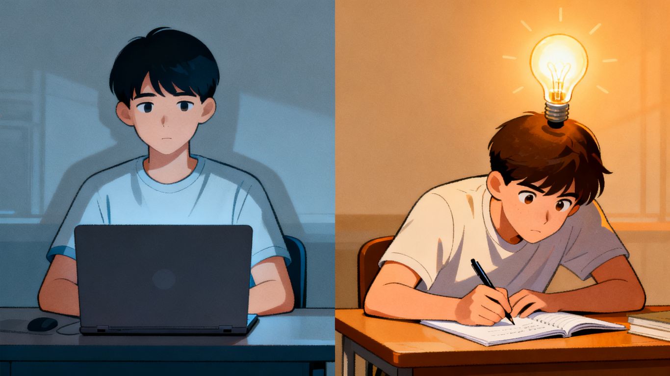 Student actively recalling versus passively watching online.