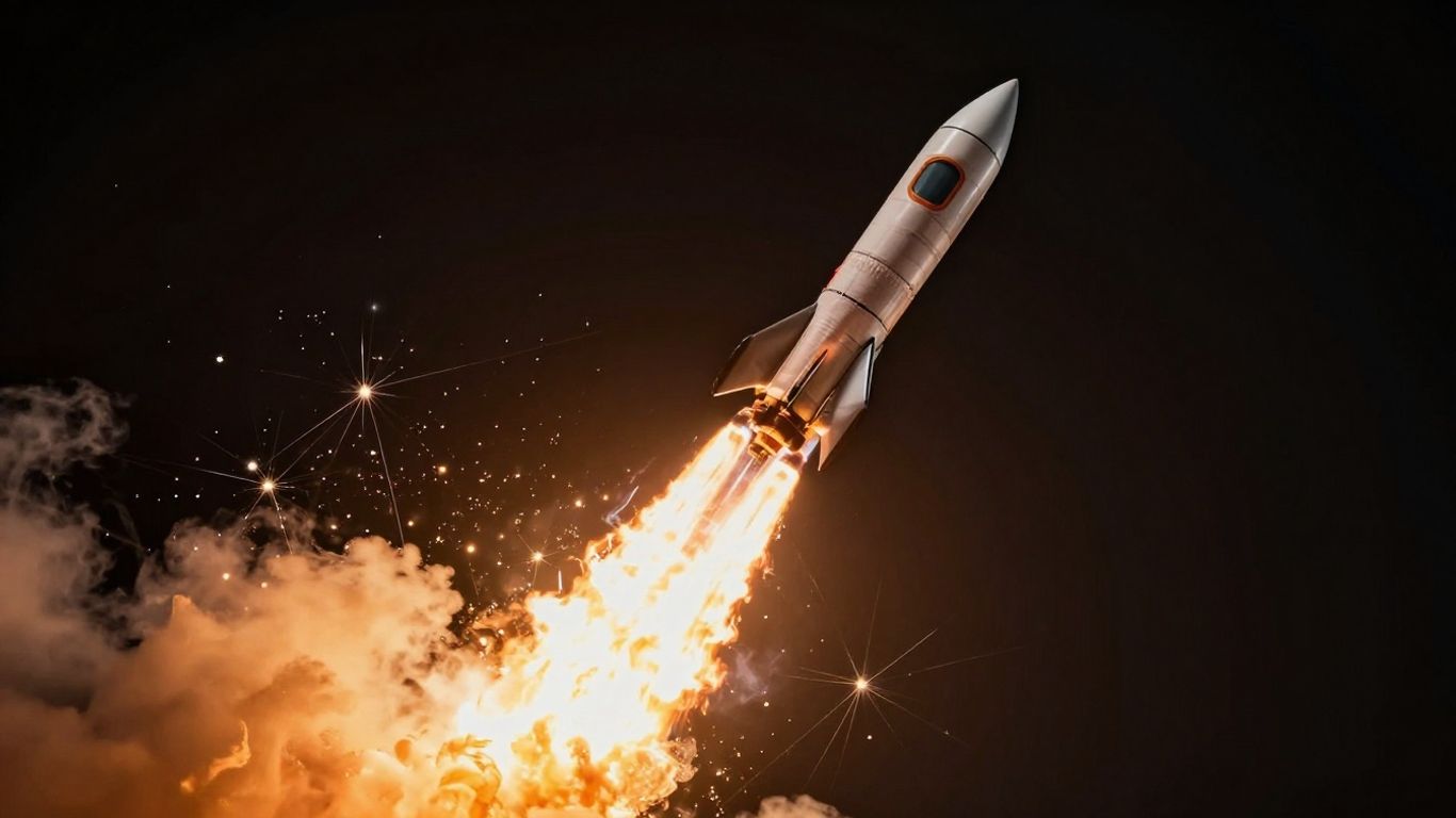 Rocket launching upwards, symbolizing growth and acceleration.