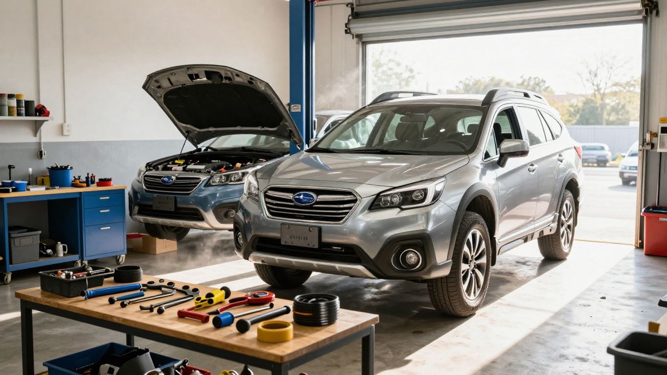 Subaru Outback engine bay in a workshop