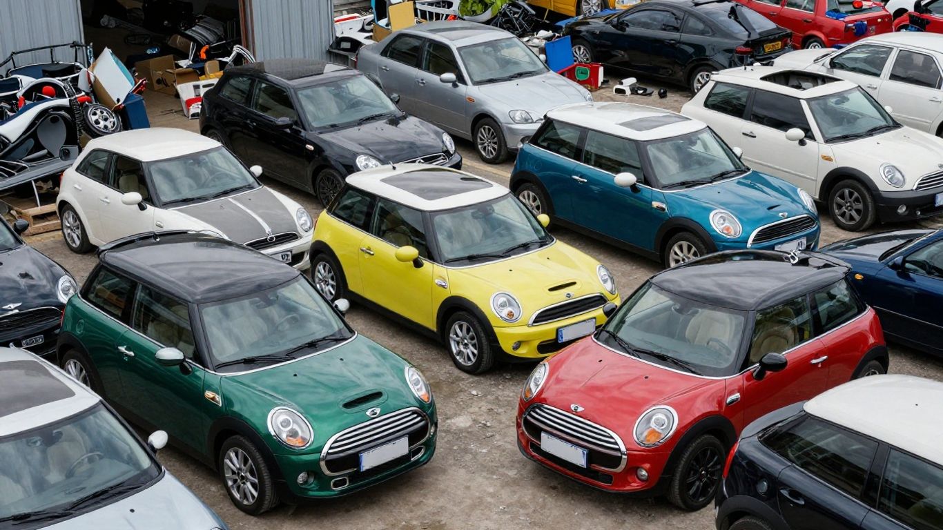 Mini Cooper car parts in a salvage yard