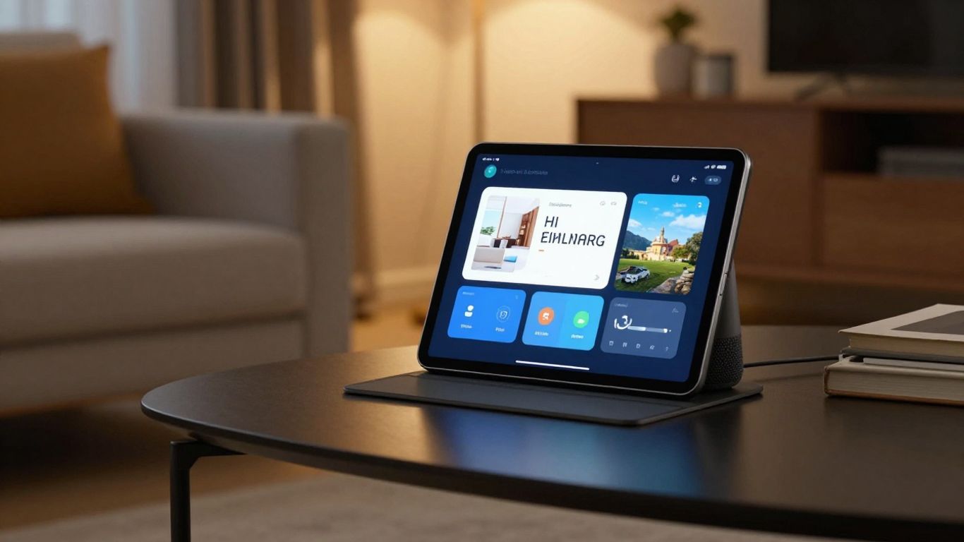 Sala de estar moderna con tecnología smart home.