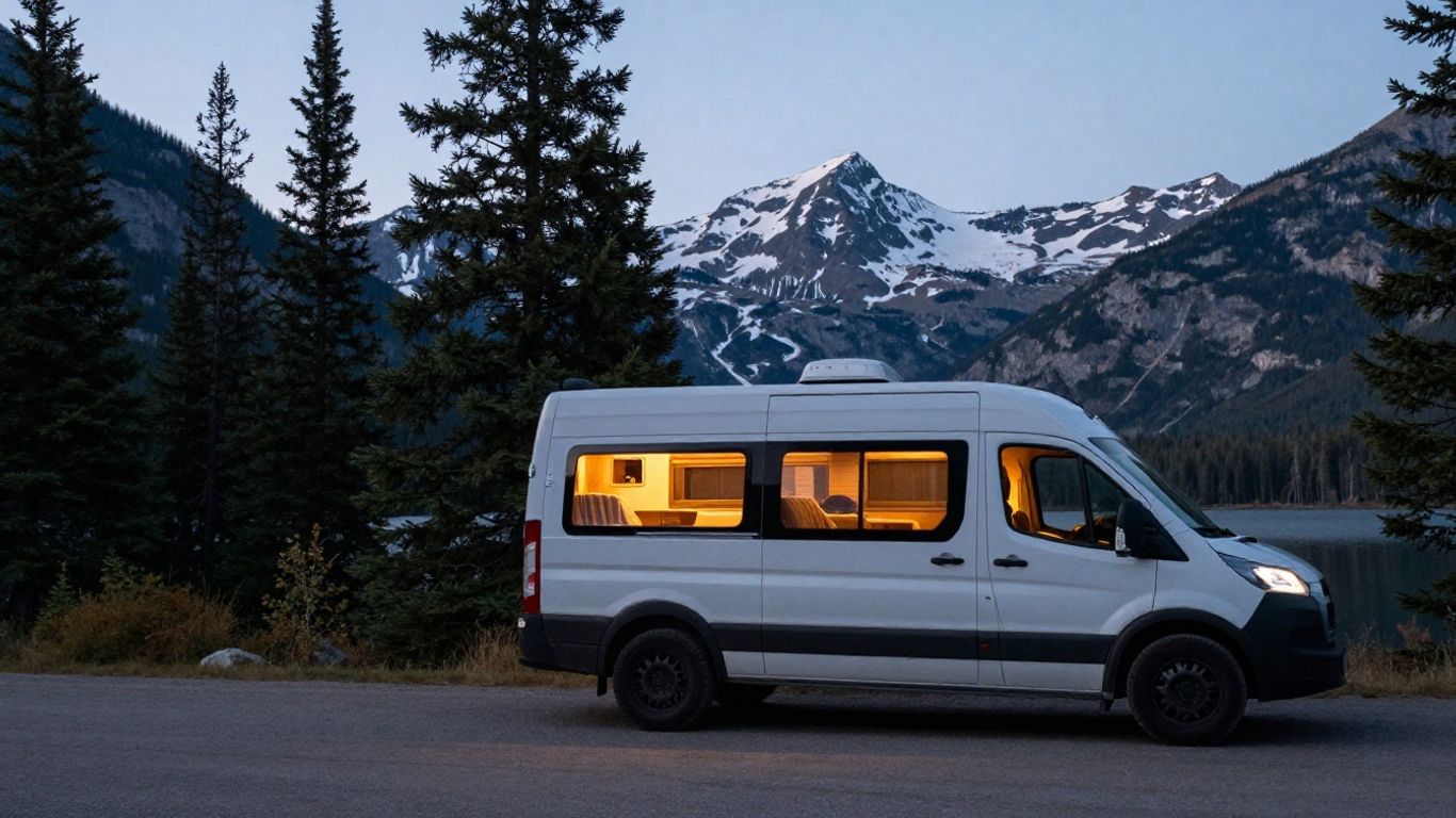Campervan parked by a lake in Canada.