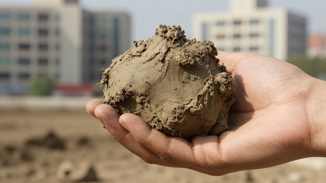 Hand holding clay with blurred business buildings background.