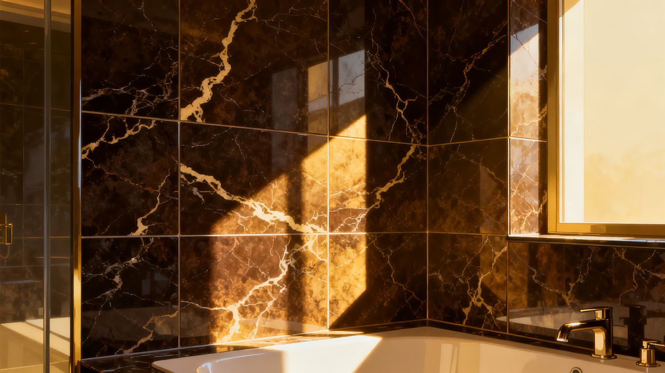 Balanced living room using warm light and dark marble