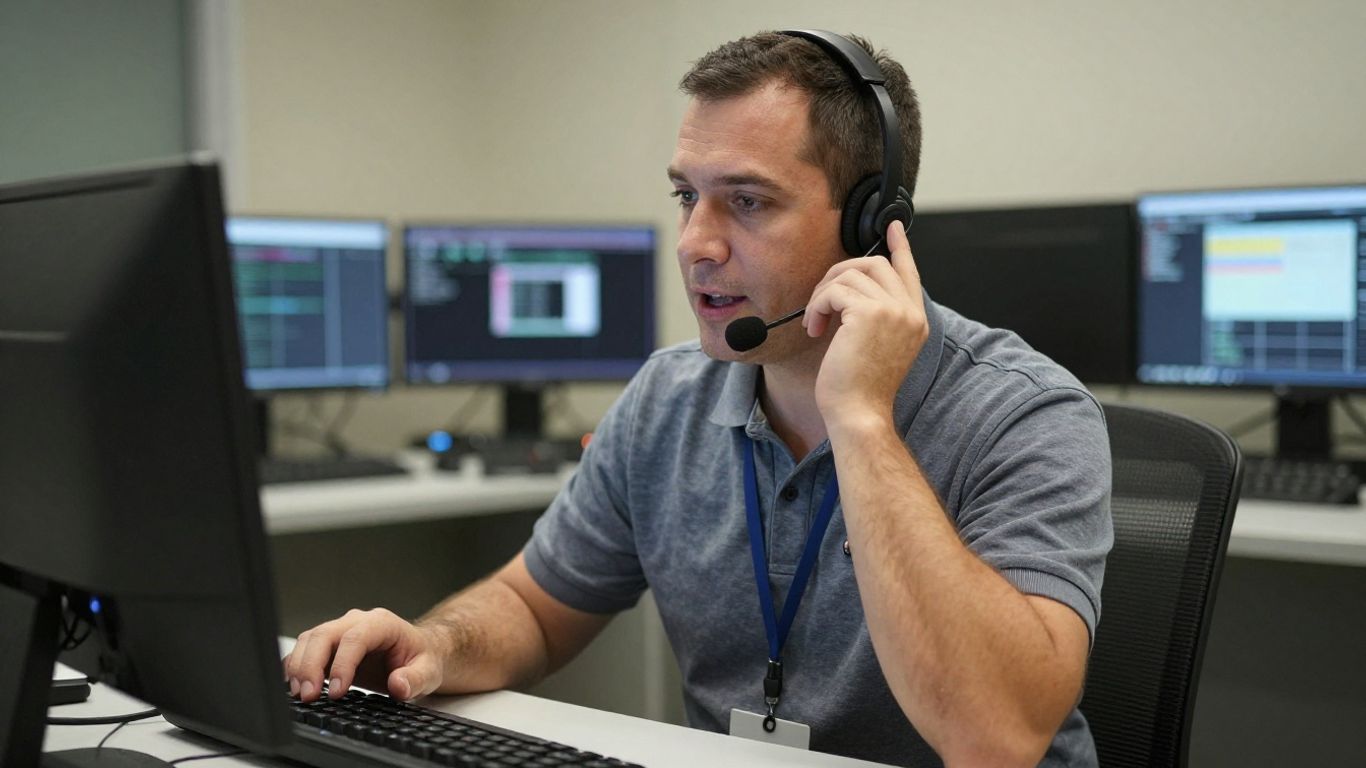 Emergency dispatcher speaking calmly with a caller
