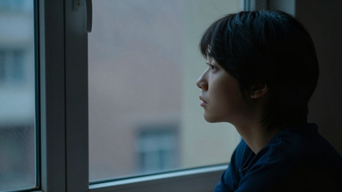 Person looking out window, contemplating mood changes.