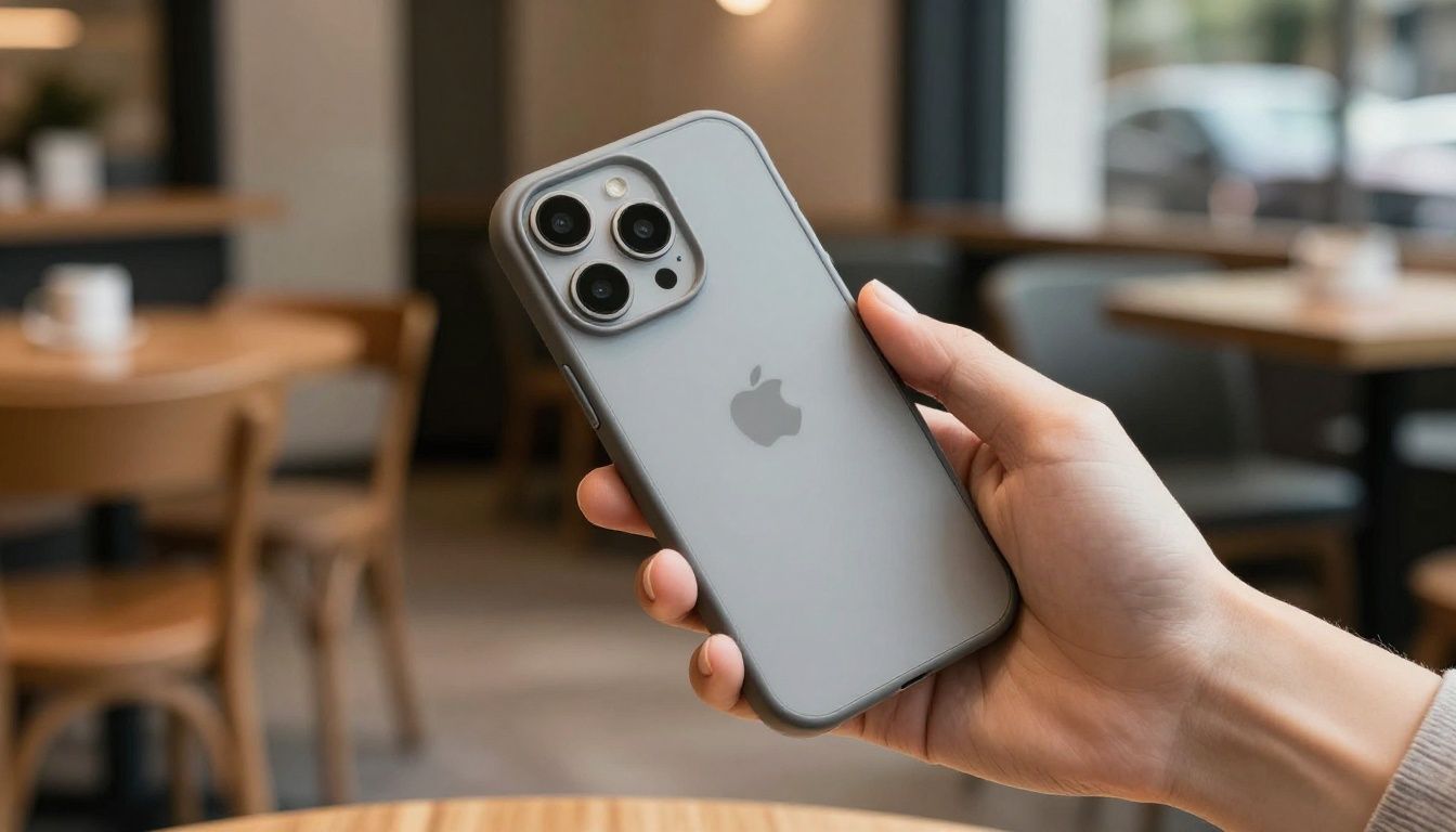 A person in a stylish cafe in Melbourne using their iPhone 16 Plus, which is protected by a sleek, minimalist case.