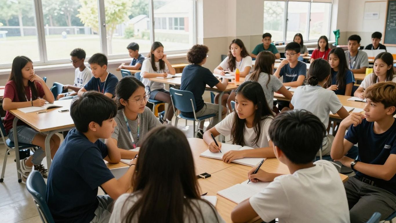 Estudiantes aprendiendo en un entorno educativo moderno y luminoso.