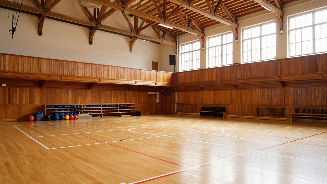 Historic school sports hall with restored timber floor