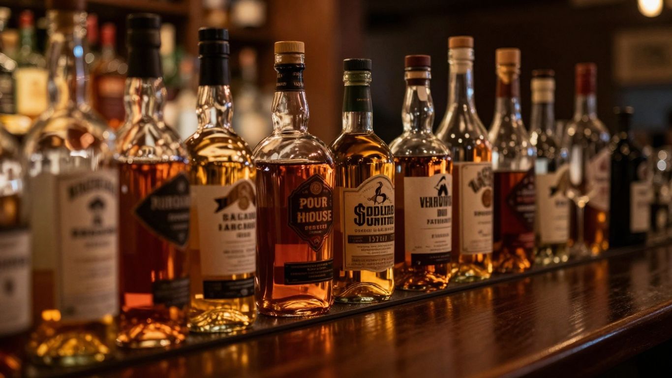Whiskey bottles and spirits on a bar counter.