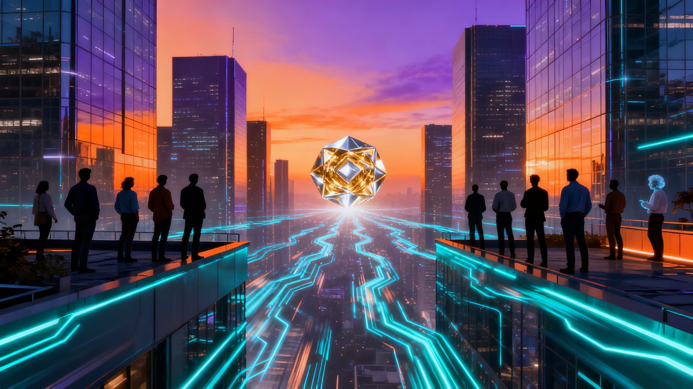 Tech leaders observing AI's impact on a city.