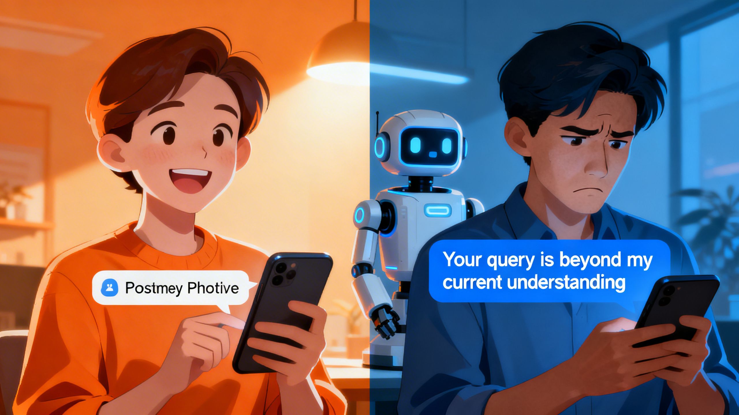A split-screen image showing a happy customer on one side and a frustrated customer with a nonsensical chatbot response on the other, highlighting the impact of AI trust.