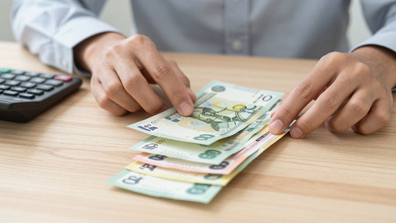 Hands organizing business expenses and receipts on a desk.