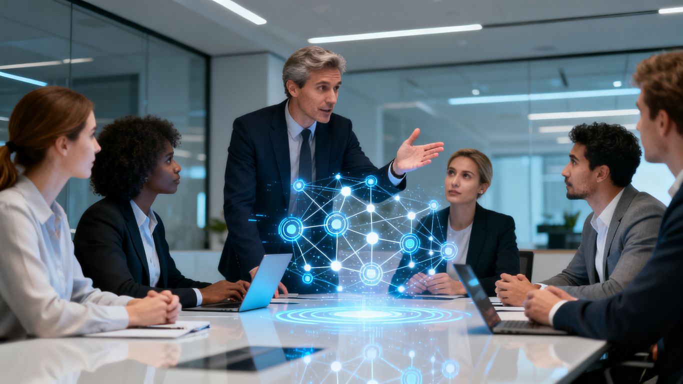 Marketing leaders discuss AI insights around a conference table.