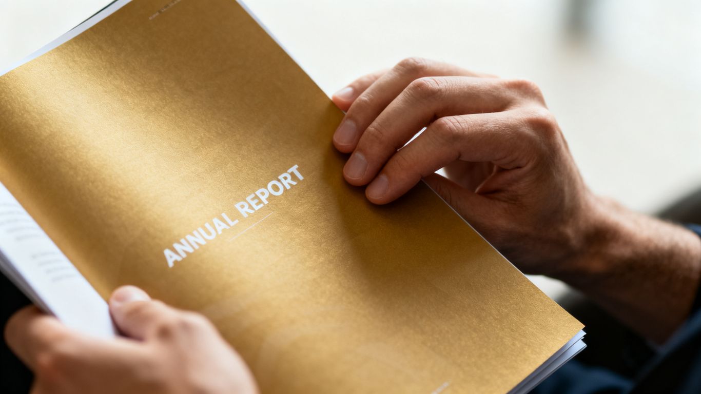 Hands holding an open annual report.