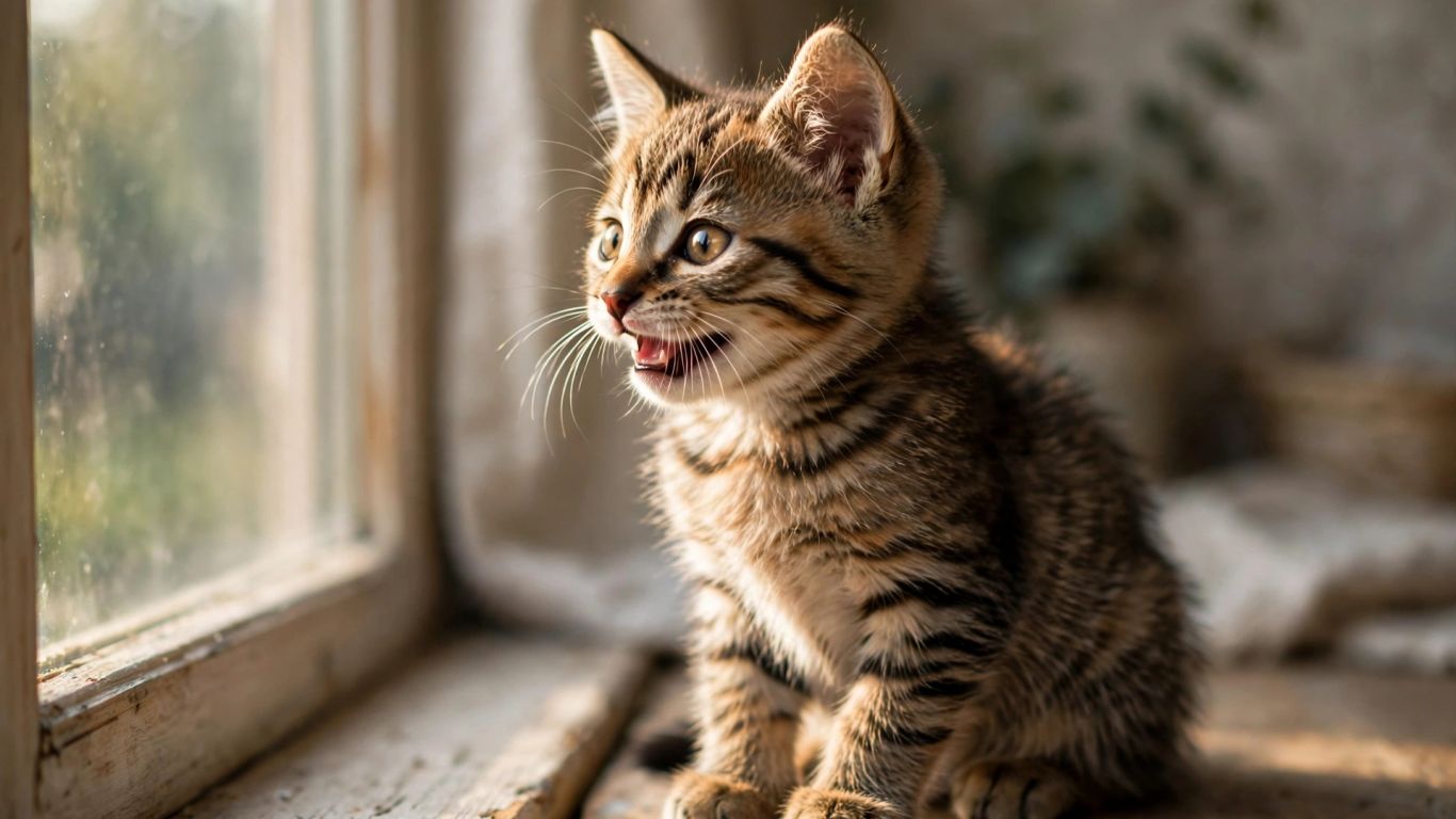 Kitten calling softly beside a quiet window