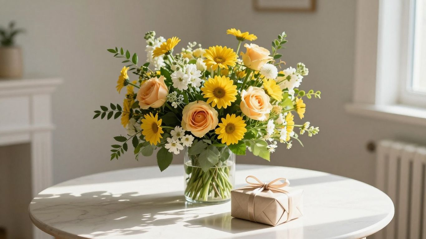 Cheerful mixed flowers beside a new baby gift