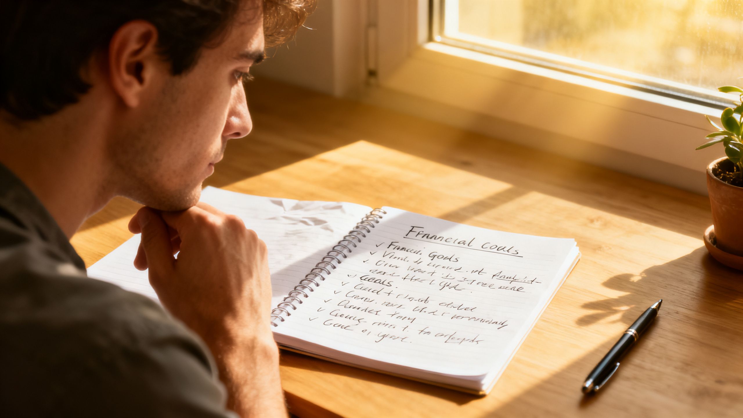 Person setting financial goals in a notebook.