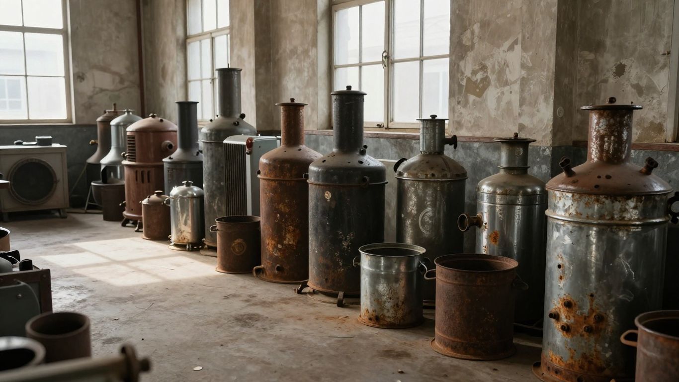 Vintage heating units in a salvage warehouse