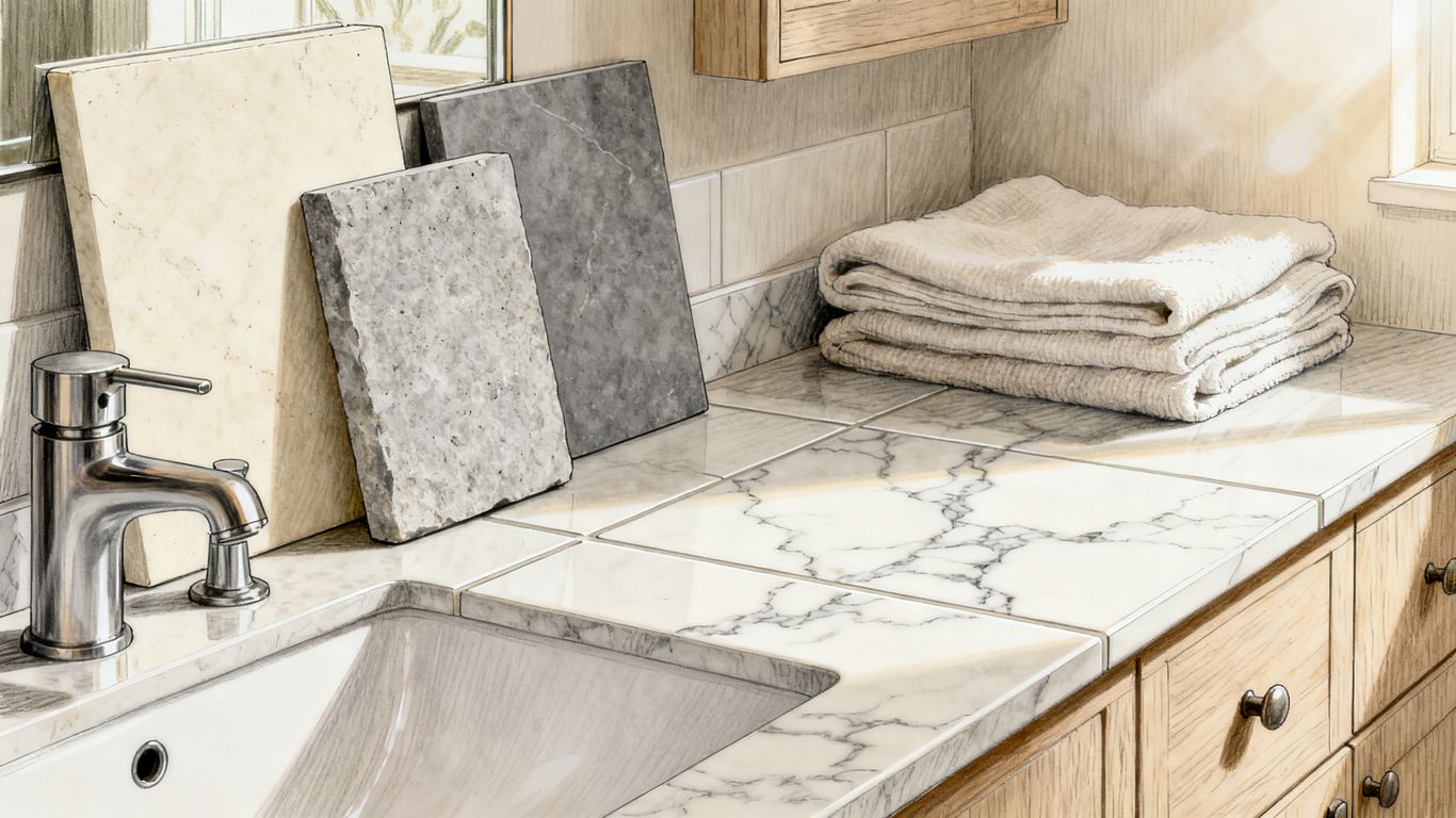 Warm neutral stone beside bathroom fixtures