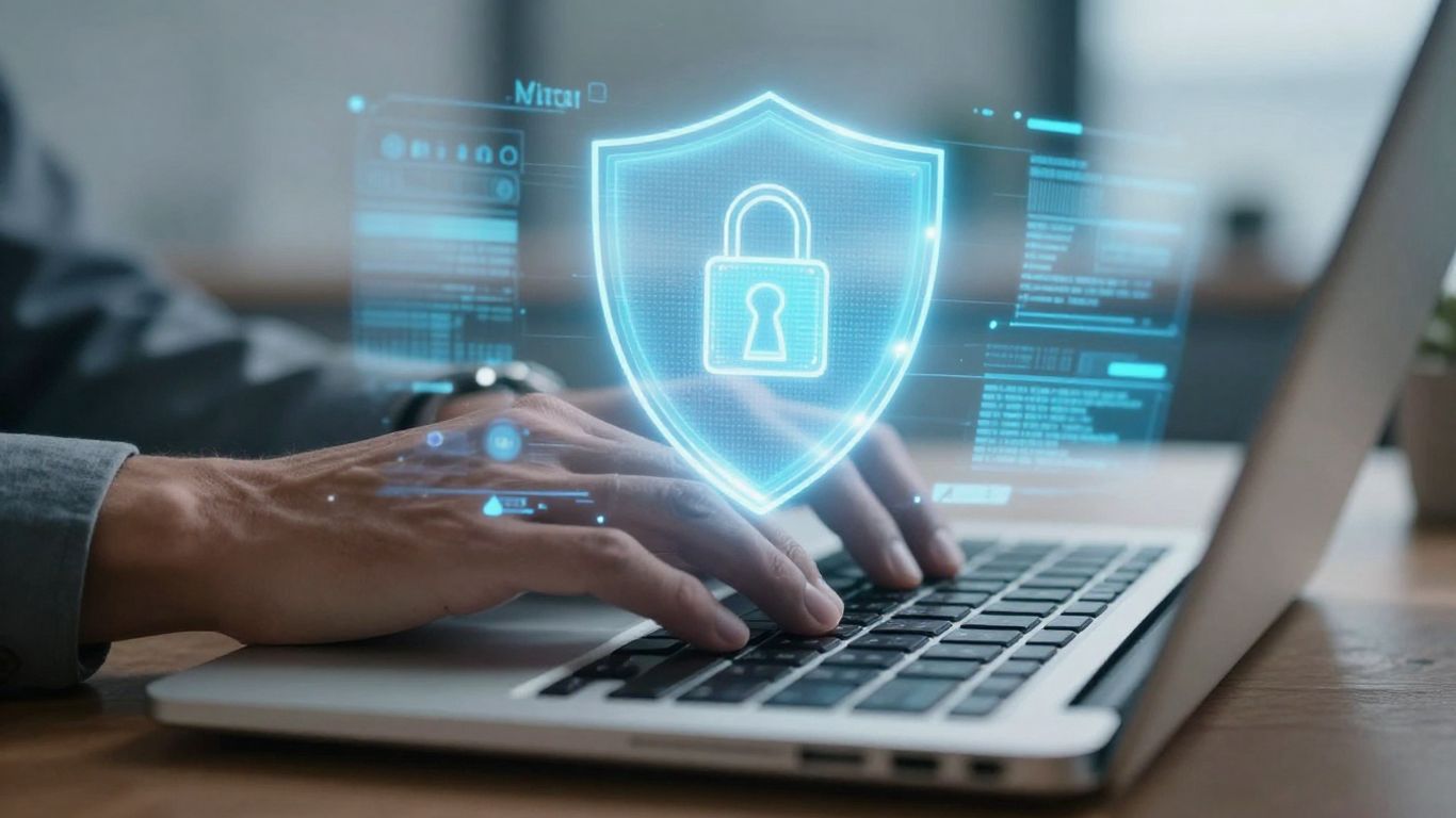 Hands typing on laptop with digital shield overlay.