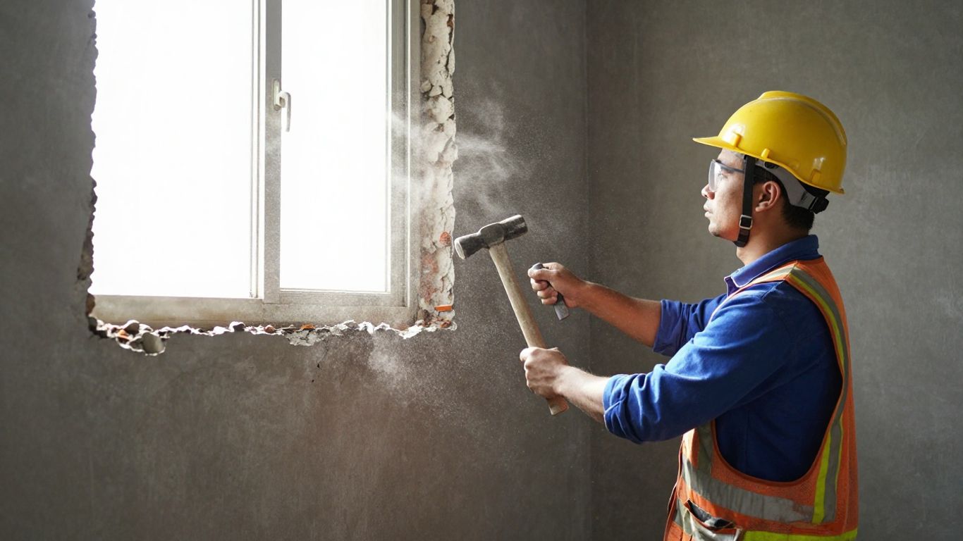 Worker demolishing a non-load-bearing wall.