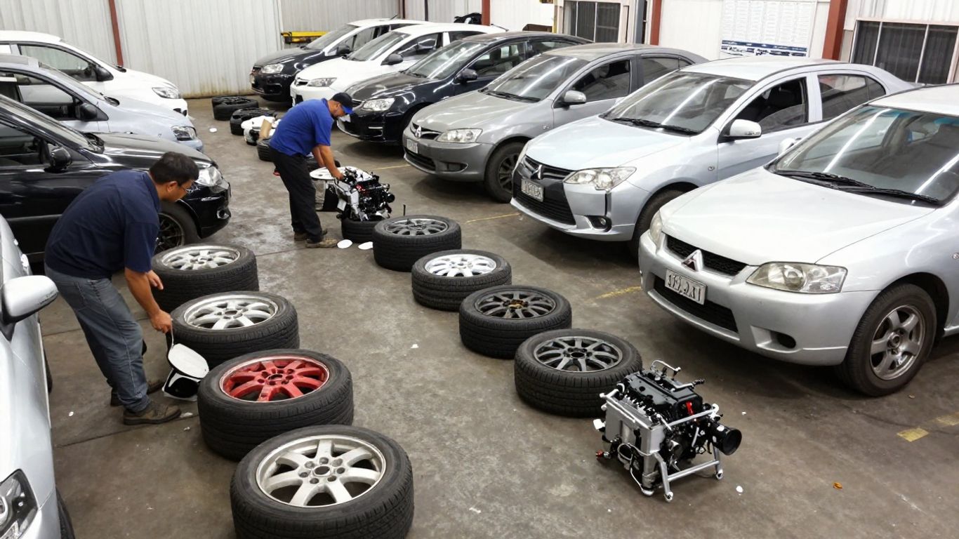 Mitsubishi parts arranged in Sydney salvage yard