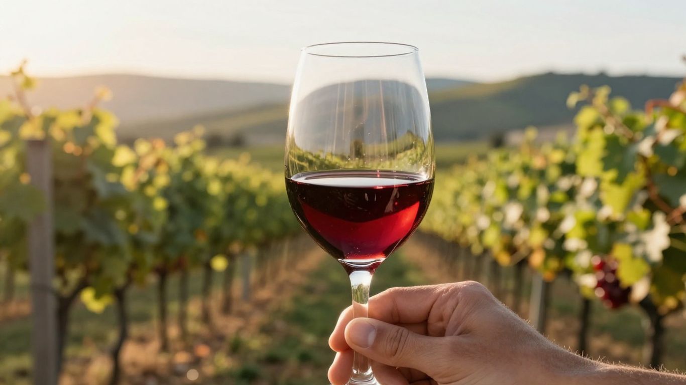 Sticlă de vin roșu lângă vii însorite.