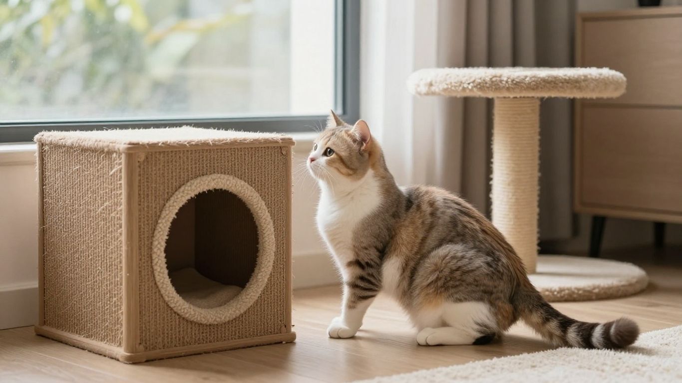Cat exploring a calm indoor enrichment setup