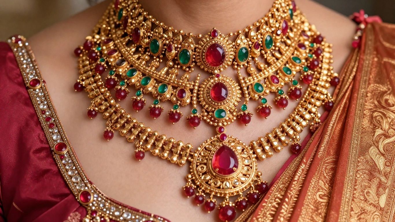 Intricate South Indian bridal jewellery with gold and gemstones.