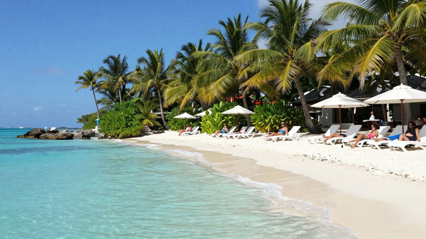 Palm-lined beach with resort loungers