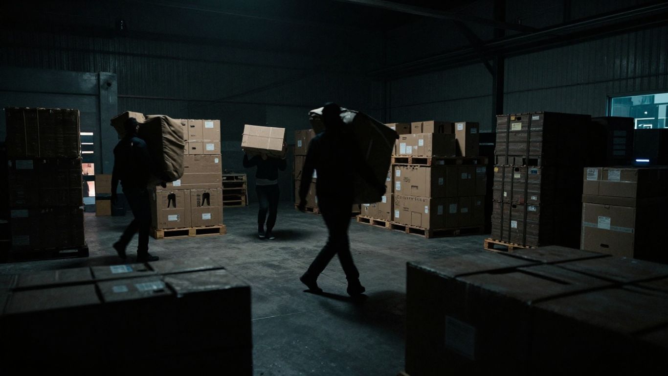 Weapons in a dark warehouse with shadowy figures.
