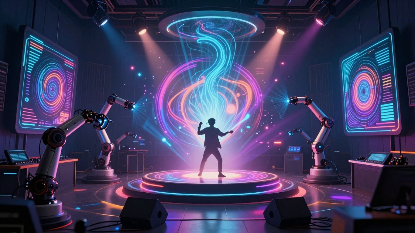 AI music video creation in a futuristic studio.